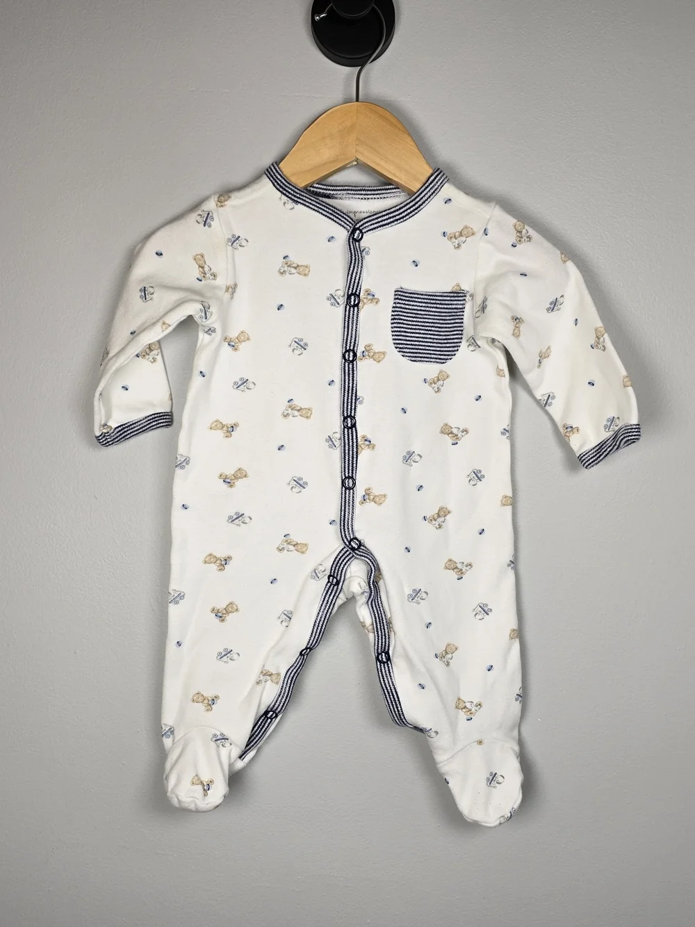 First Impressions White Footed One-Piece with Navy Trim and Puppy Print